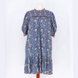 CELINA MOON Puff Sleeve Smocked Yoke Mini Dress in Blue Size L